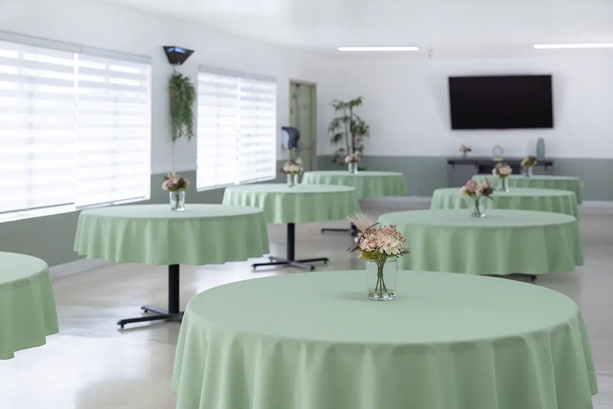 The dining room set tables at San Jacinto Valley